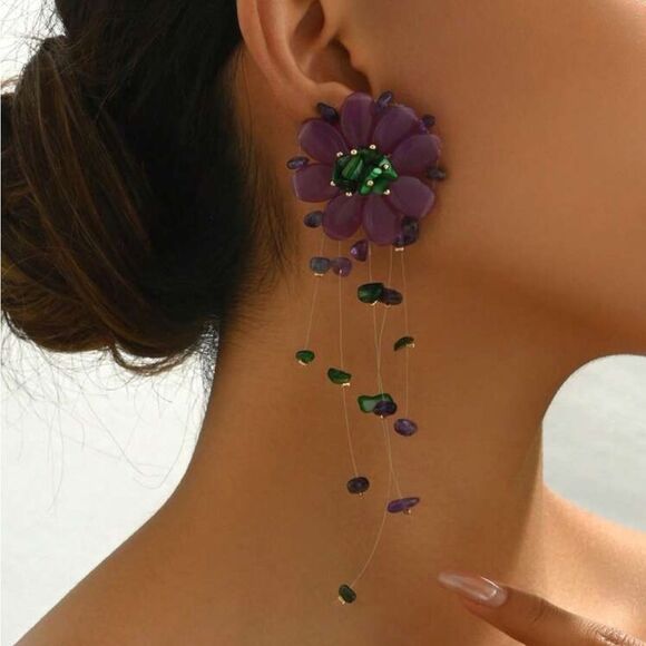 Purple and Green Floral Earrings N966 - Picture 1 of 4